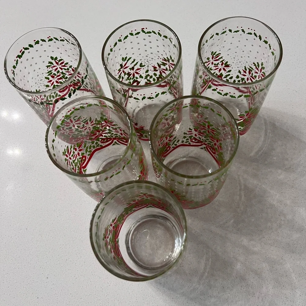 Vintage Christmas Holly Red Ribbon Texture Snow Drink Glasses 5” Set Of‎ 6